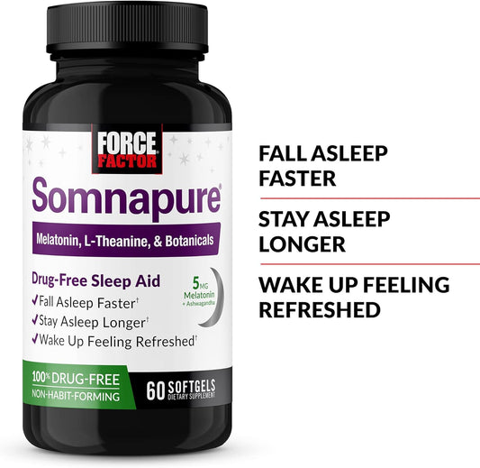 Force Factor Somnapure Softgels 3-Pack Sleep Aid To Fall Asleep Faster, Stay Asleep Longer, Wake Up Refreshed, Sleep Aid For Adults With Melatonin, Ashwagandha, Valerian Root, 180 Softgels