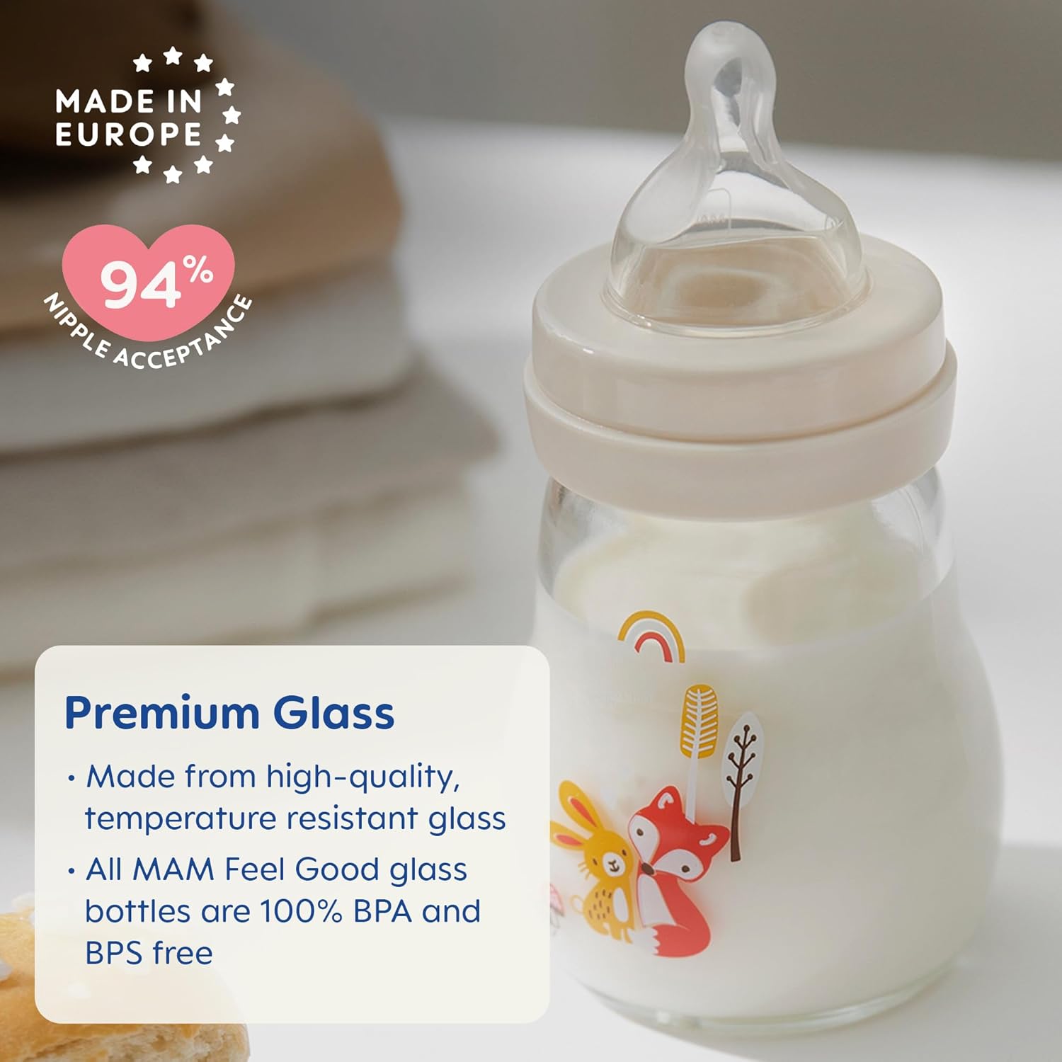 Mam Feel Good Slow Flow Premium Glass Baby Bottles, Easy Switch Between Breast And Bottle, 6Oz, 0+ Months, Unisex, 1 Pack