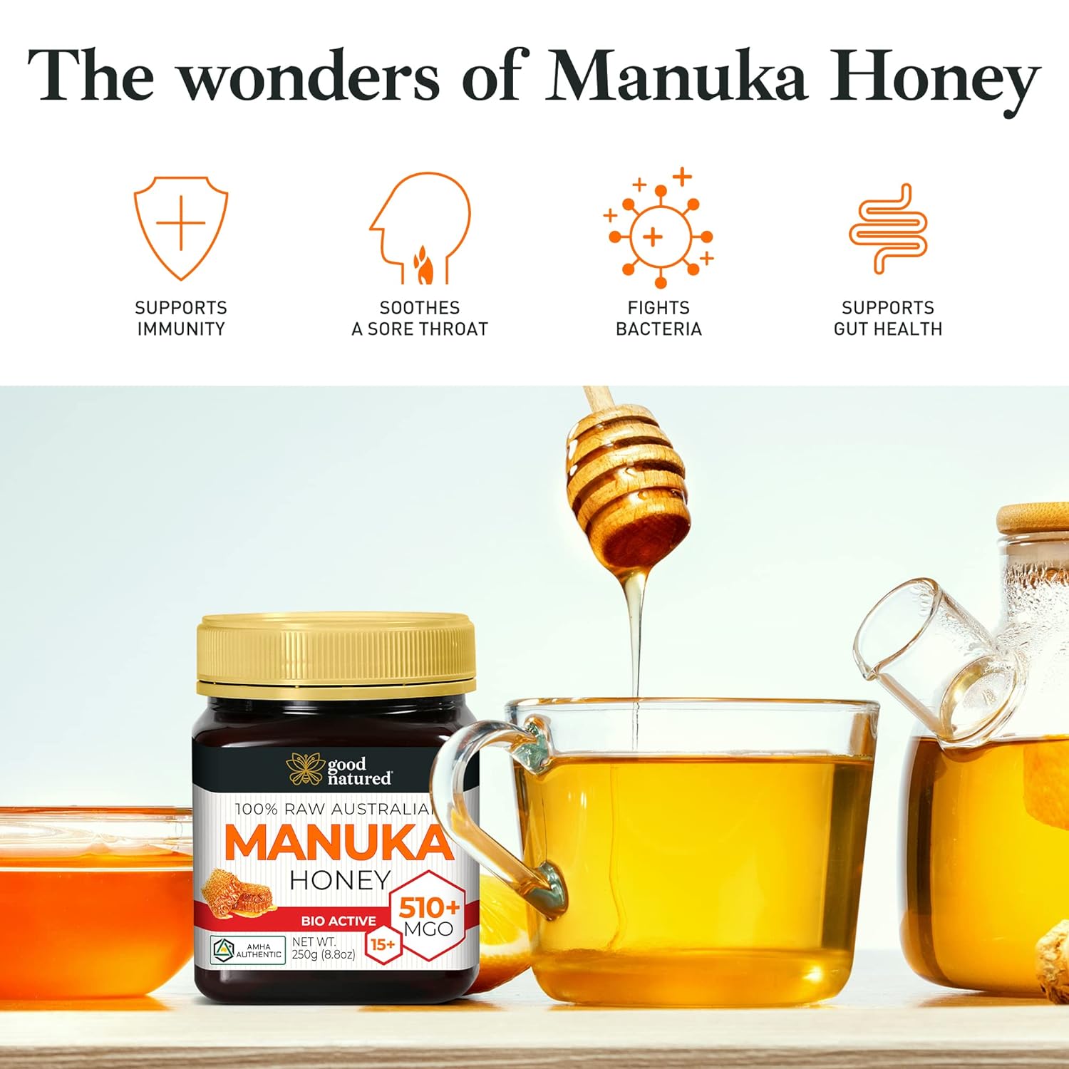 Raw Manuka Honey MGO 510+ - High-Strength Honey Manuka - Pure Manuka Honey - 250g - 8.8 oz - Good Natured : Grocery & Gourmet Food