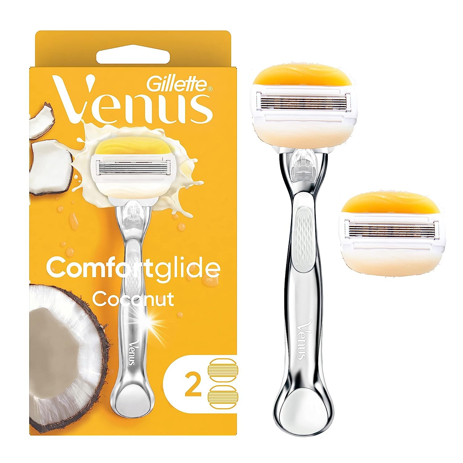 Gillette Venus Comfortglide With Olay Coconut Womens Razor Handle + Blade Refills, Silver, 2 Count