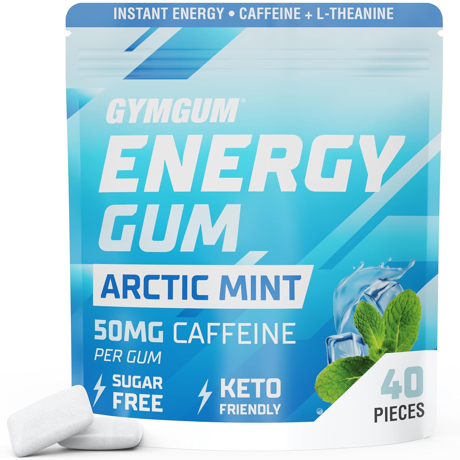 Gymgum Energy Caffeine Gum | 50Mg Caffeine | Sugar-Free, Keto-Friendly | Fast-Acting Energy & Focus Gum With Guarana & L-Theanine (40 Count, Arctic Mint)