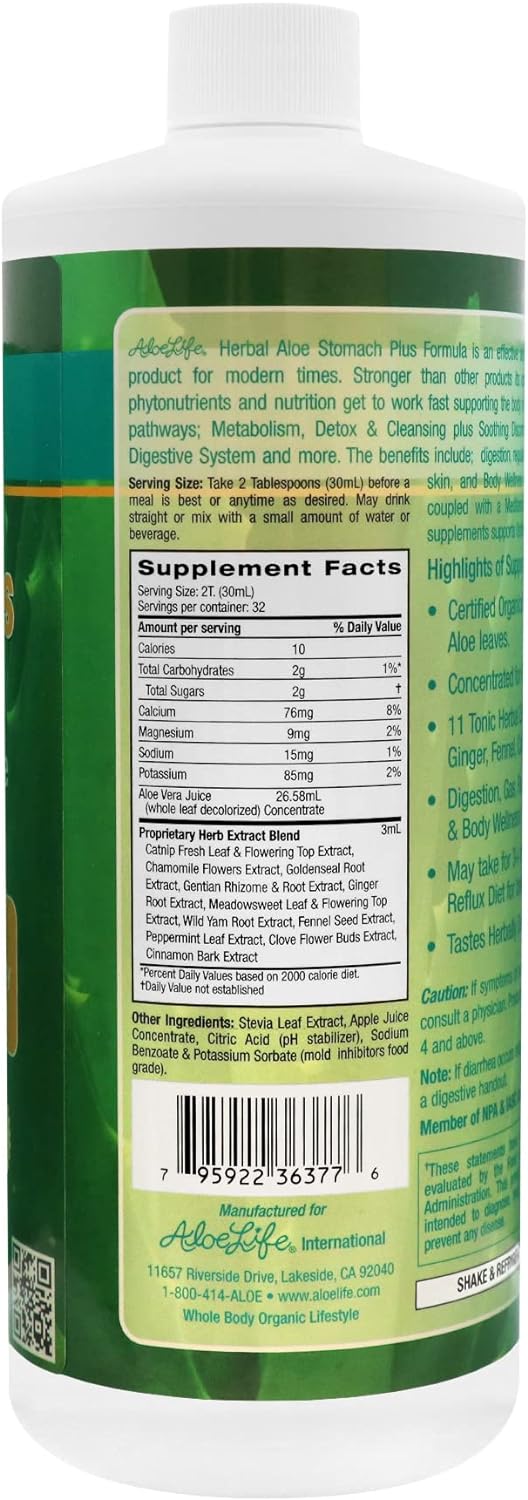 Aloe Life - Stomach Plus Formula, Fast-Acting Tonic for Children, Adults, & Seniors, Supports Healthy Digestion & Helps to Soothe Gas, Bloating, & Nausea, Aloe Vera Concentrate, Gluten-Free (32 oz)