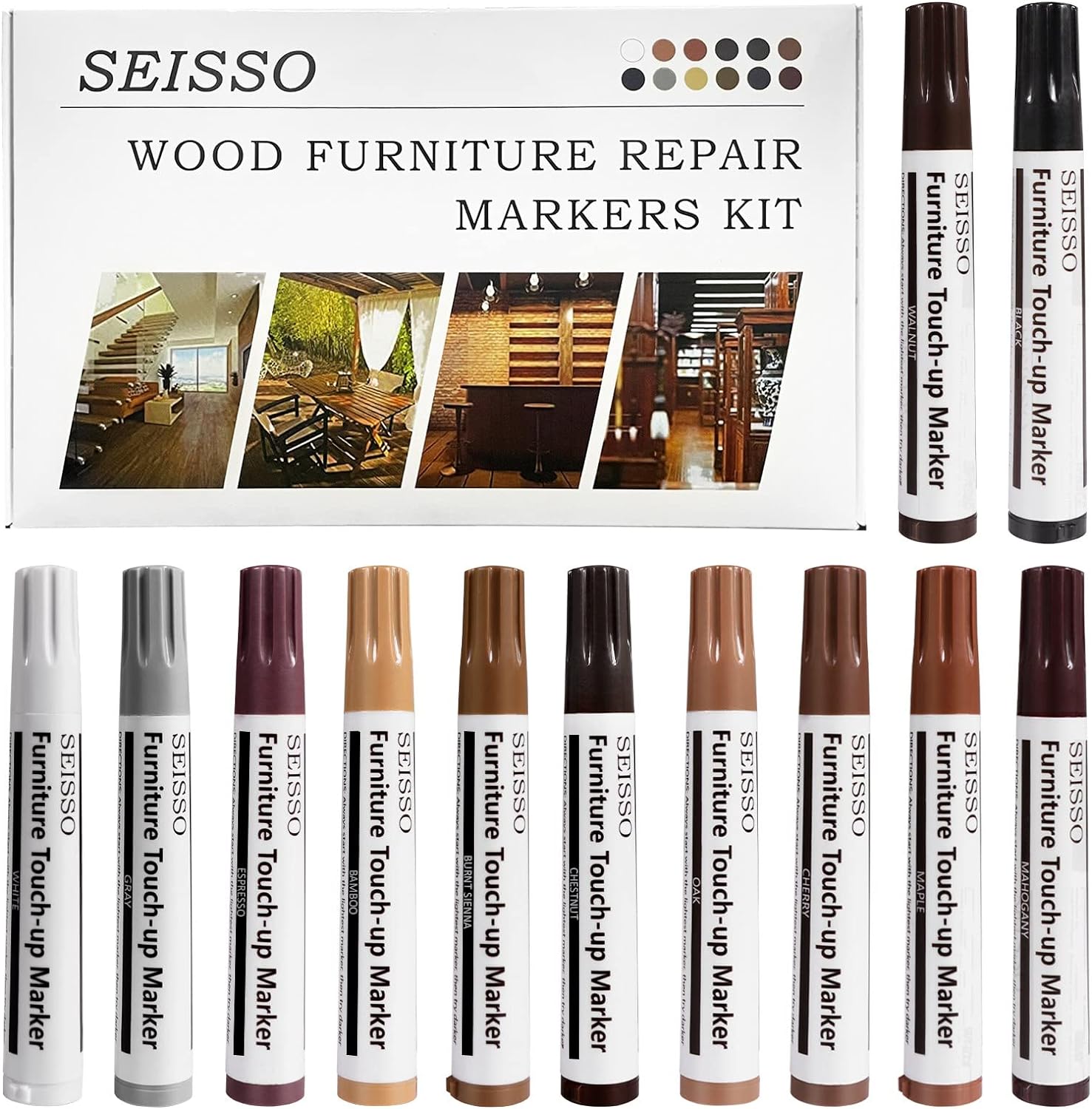 SEISSO Furniture Touch Up Markers, Wood Repair Kit for Furniture, 12 Colors Wood Touch Up Markers for Scratches, New Upgrade Furniture Repair Kit - Restore Wooden Table, Cabinet, Floors, Door