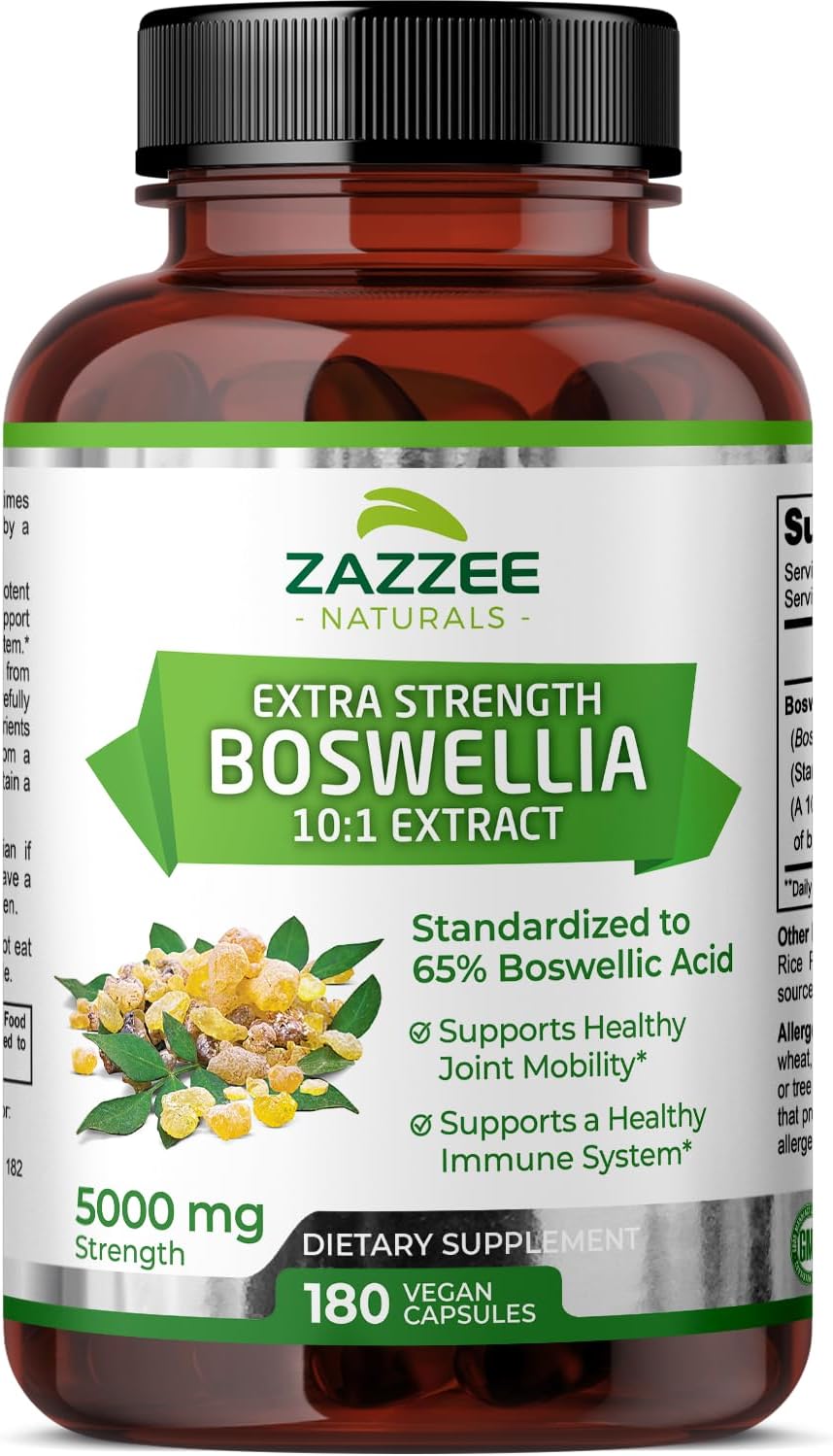 Zazzee Extra Strength Boswellia Serrata 10:1 Extract, 5000 Mg Strength, 65% Boswellic Acid, 180 Vegan Capsules, 6 Month Supply, Standardized 10X High Potency, 100% Vegetarian, All-Natural, Non-Gmo