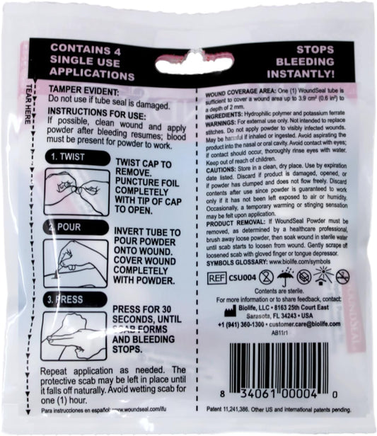 Topical Powder For Minor External Bleeding, Easy-Pour Tube Applicator, Fast-Acting Blood Clotting Formula, 4 Single-Use Applications