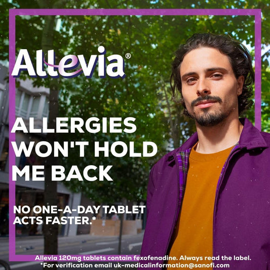 Allevia Hayfever Allergy Tablets, Prescription Strength 120 Mg Fexofenadine, 24Hr Relief Acts Within 1 Hour, Including Sneezing, Watery Eyes, Itchy And Runny Nose, 30 Tablets