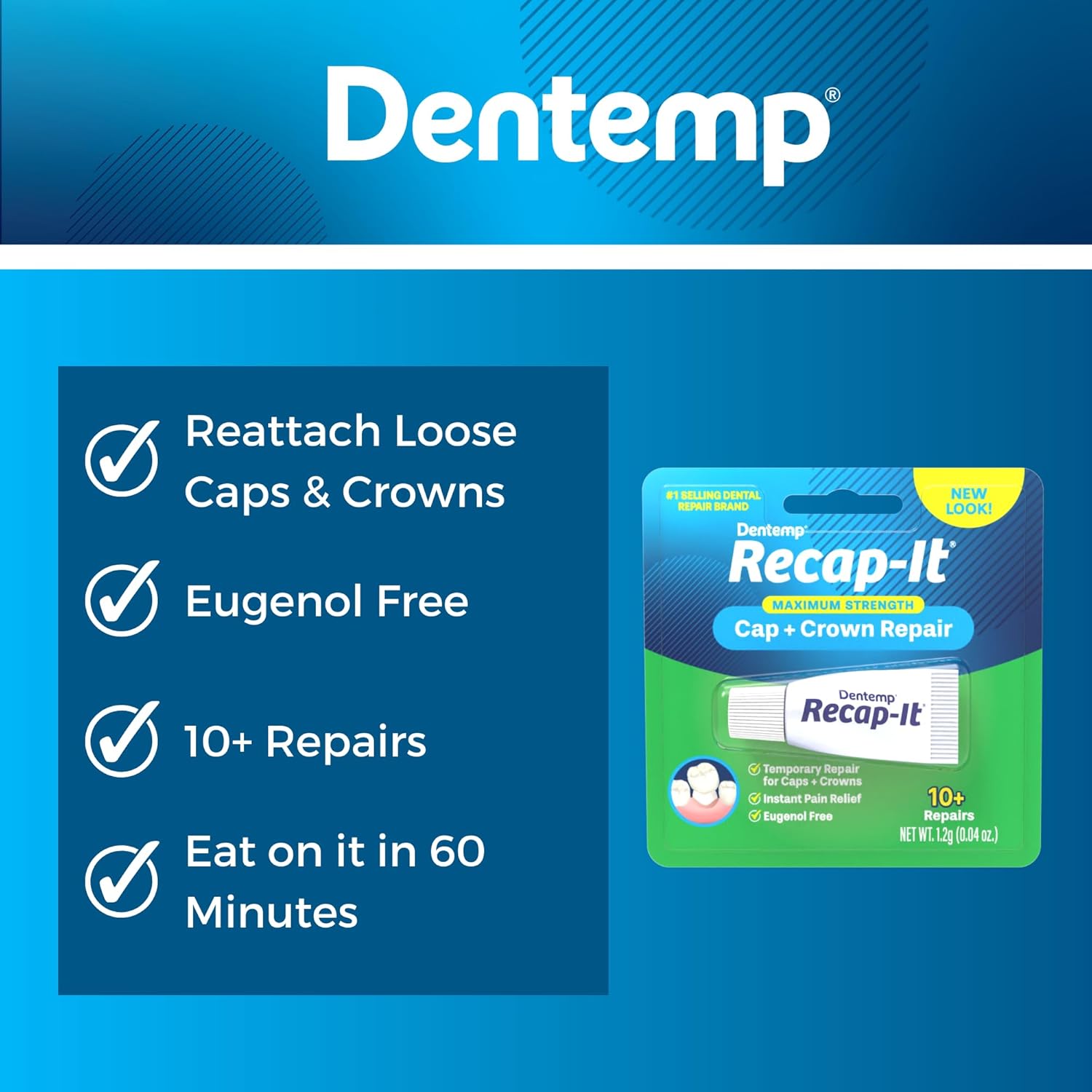 Dentemp Recap-It Cap and Crown Repair Dental Kit - Fast Acting Formula Dental Cement for Loose Caps (Pack of 1) - Temporary Cement for Crown and Bridge : Health & Household