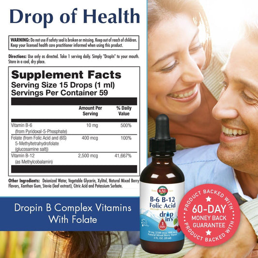 KAL Vitamin B-6 B-12 Folic Acid DropIns, Liquid Vitamin B Supplement Drops, Heart Health, Energy, Red Blood Cell Support with Methyl B12 and Methyl Folate, Natural Mixed Berry Flavor, 59 Servings, 2oz