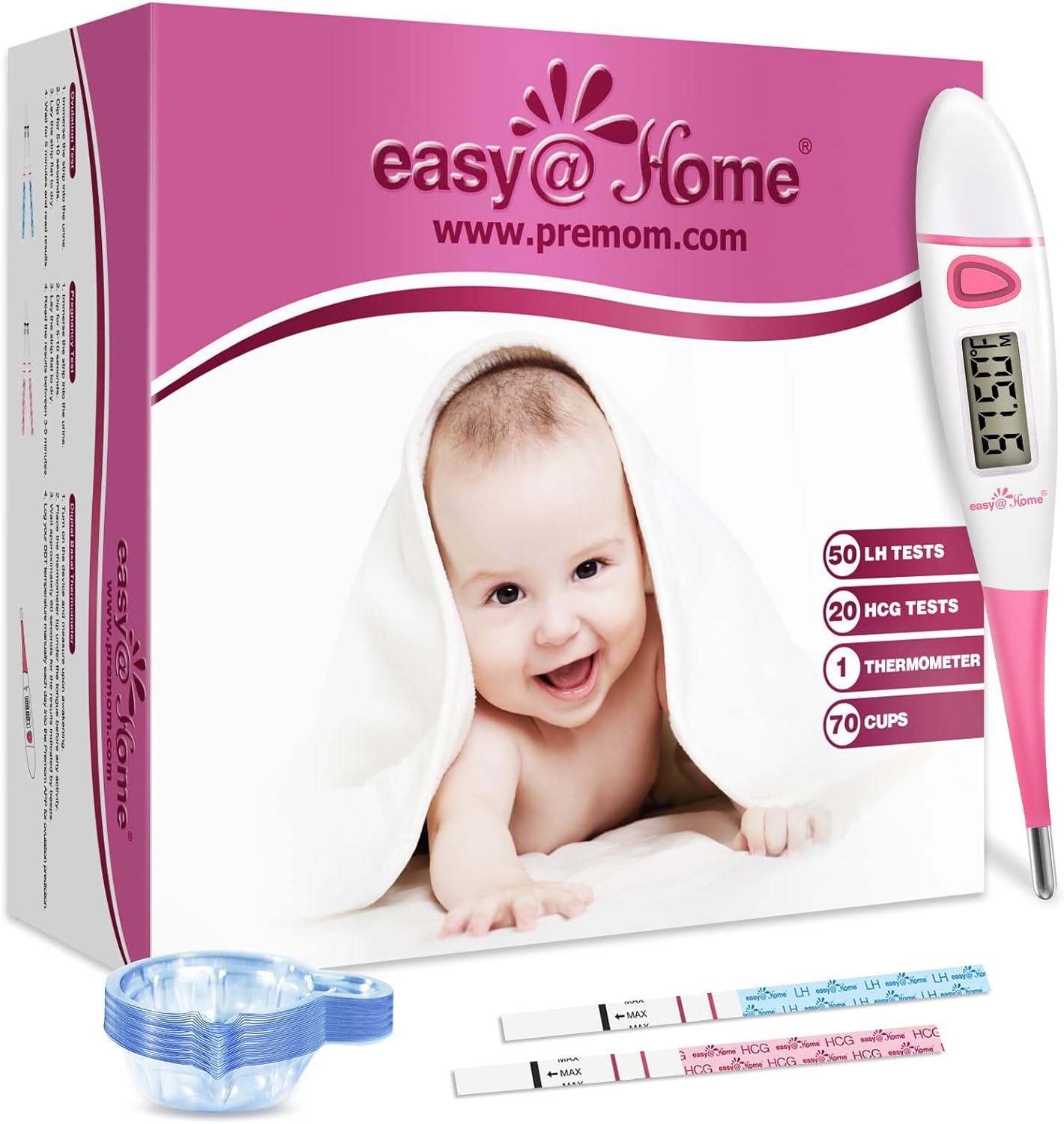 Easy@Home Ovulation Test Kit: 50 Ovulation Strips & 20 Early Pregnancy Tests & One Basal Body Thermometer & 70 Urine Cups
