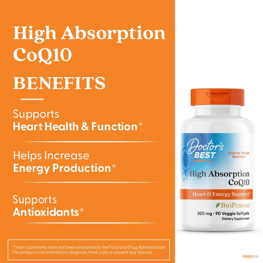Doctor'S Best High Absorption Coq10, Heart & Energy Support, Usp Verified, Naturally Fermented Coq10, Non-Gmo Gluten Free, Soy Free, Vegetarian 90 Veggie Softgels