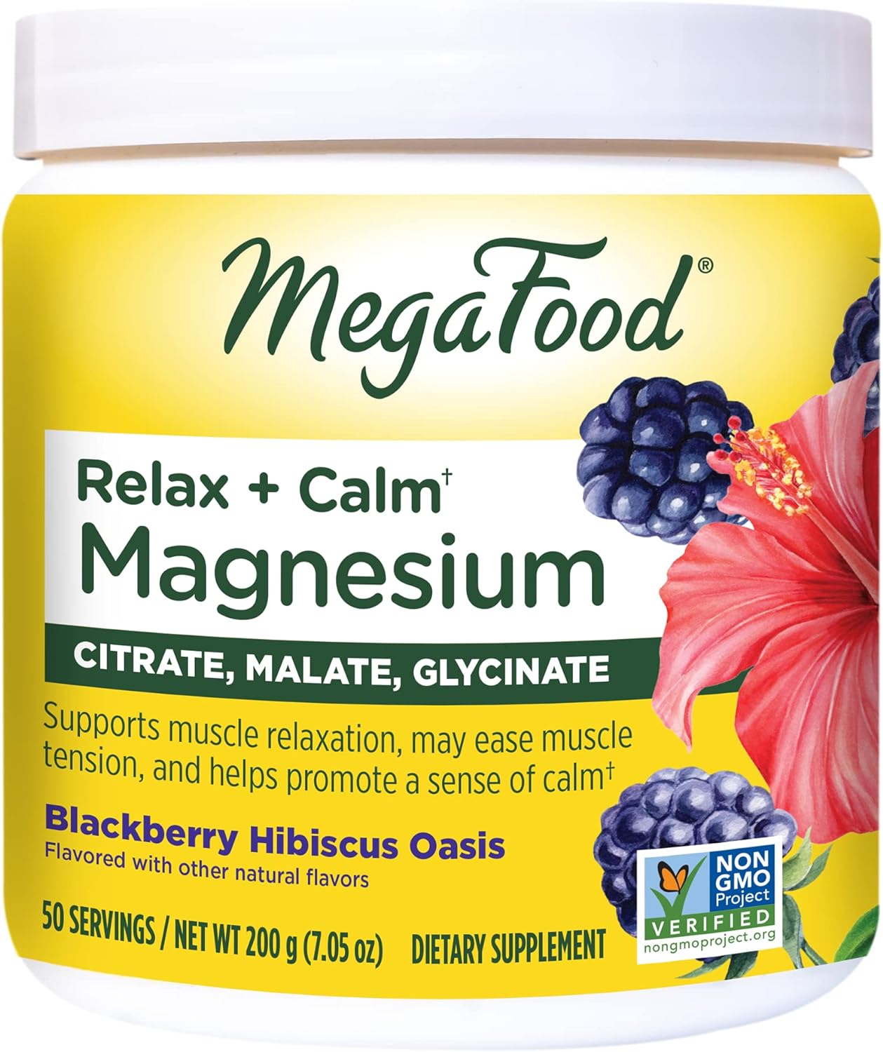 MegaFood Relax + Calm Magnesium Powder - Highly Absorbable Magnesium Glycinate, Magnesium Citrate & Magnesium Malate - Without 9 Food Allergens - Blackberry Hibiscus Oasis - 7.05 Oz (50 Servings)