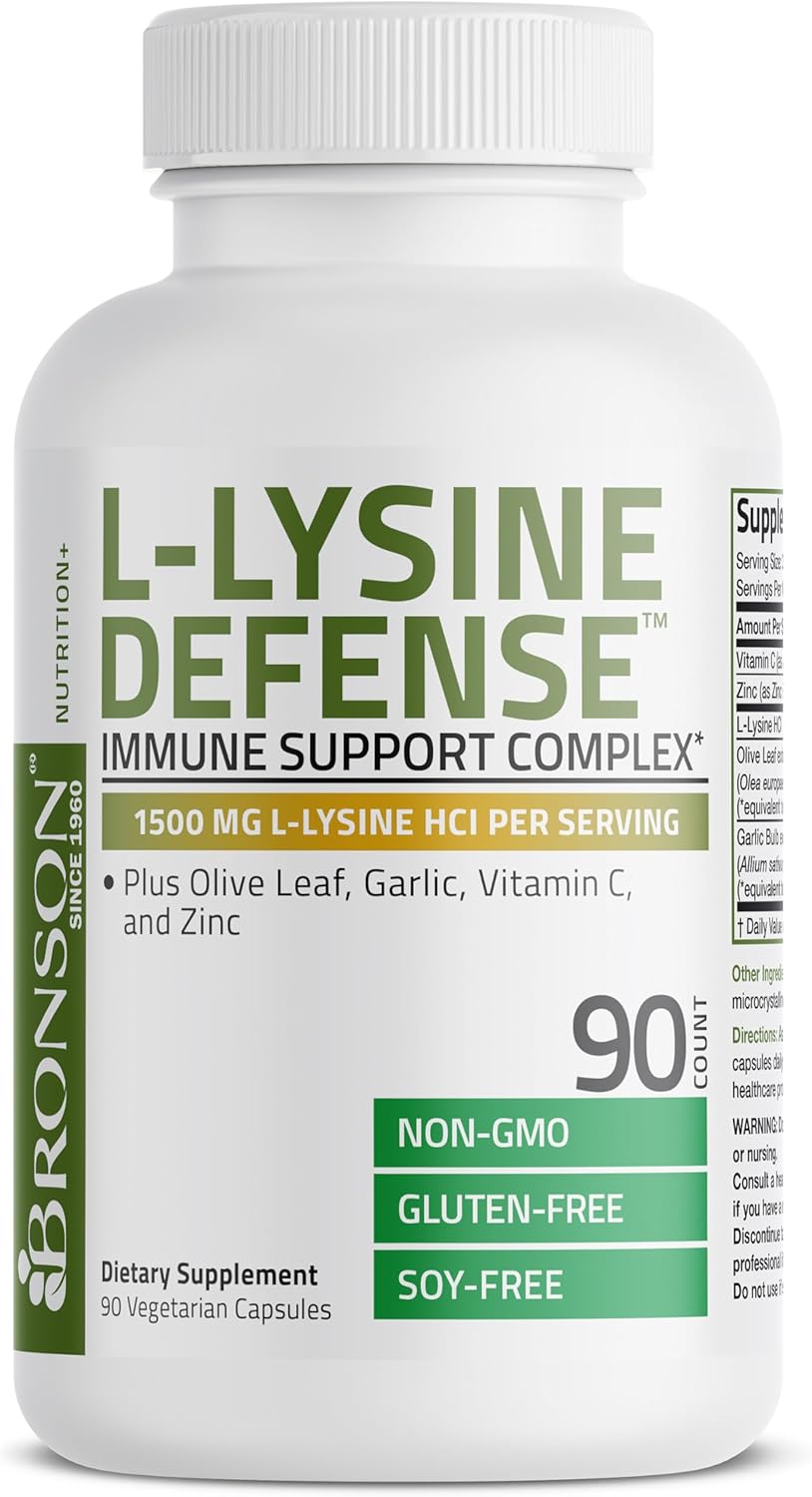 Bronson L-Lysine Defense Immune Support Complex 1500 MG L-Lysine Plus Olive Leaf, Garlic, Vitamin C and Zinc - Non-GMO, 90 Vegetarian Capsules : Health & Household