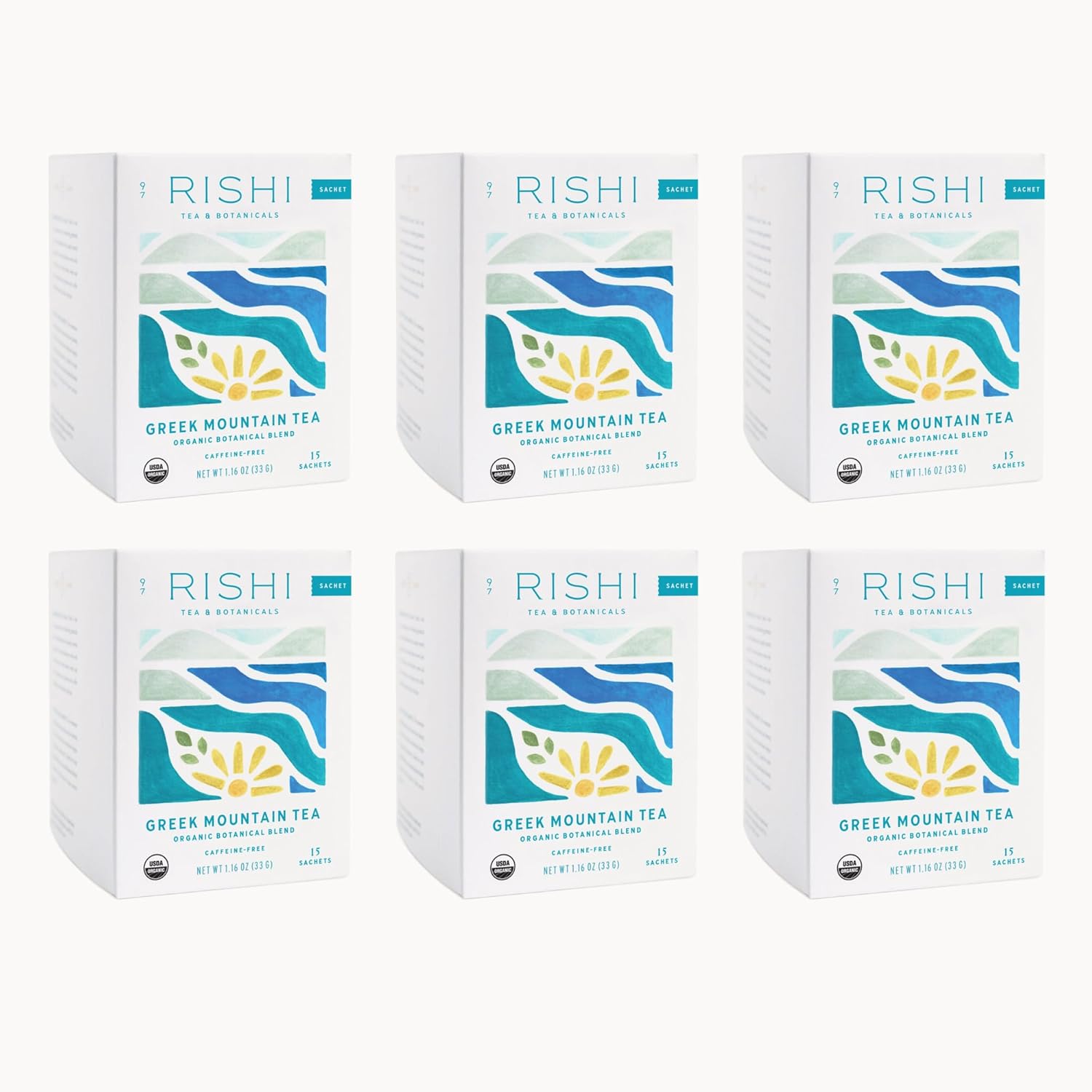 Rishi Tea Greek Mountain Tea Herbal Tea - Organic, Caffeine Free Sachet Tea Bags, Sleep Friendly, Fortifying Botanical Blend - 15 Count (Pack Of 6)