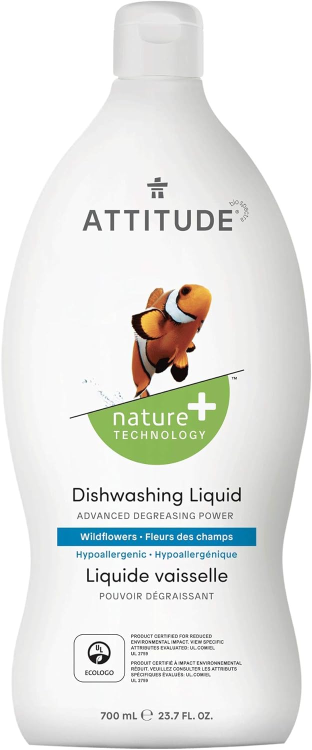 ATTITUDE Dishwashing Liquid, EWG Verified, Vegan Dish Soap, Plant Based, Naturally Derived Products, Wildflowers, 23.7 Fl Oz