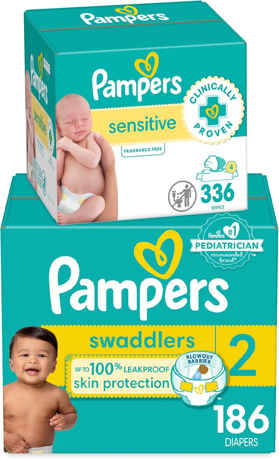 Diapers Size 2, 186 Count And Baby Wipes - Pampers Swaddlers Disposable Baby Diapers And Water Baby Wipes Sensitive Pop-Top Packs, 336 Count (Packaging May Vary)