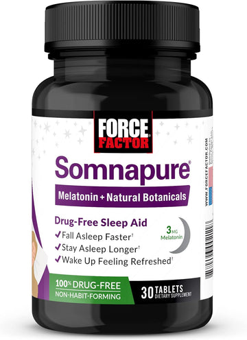 Force Factor Somnapure Drug-Free Sleep Aid for Adults with Melatonin, Valerian Root, and Lemon Balm, Non-Habit-Forming Sleeping Pills, Fall Asleep Calm at Night, Wake Up Refreshed, 30 Tablets