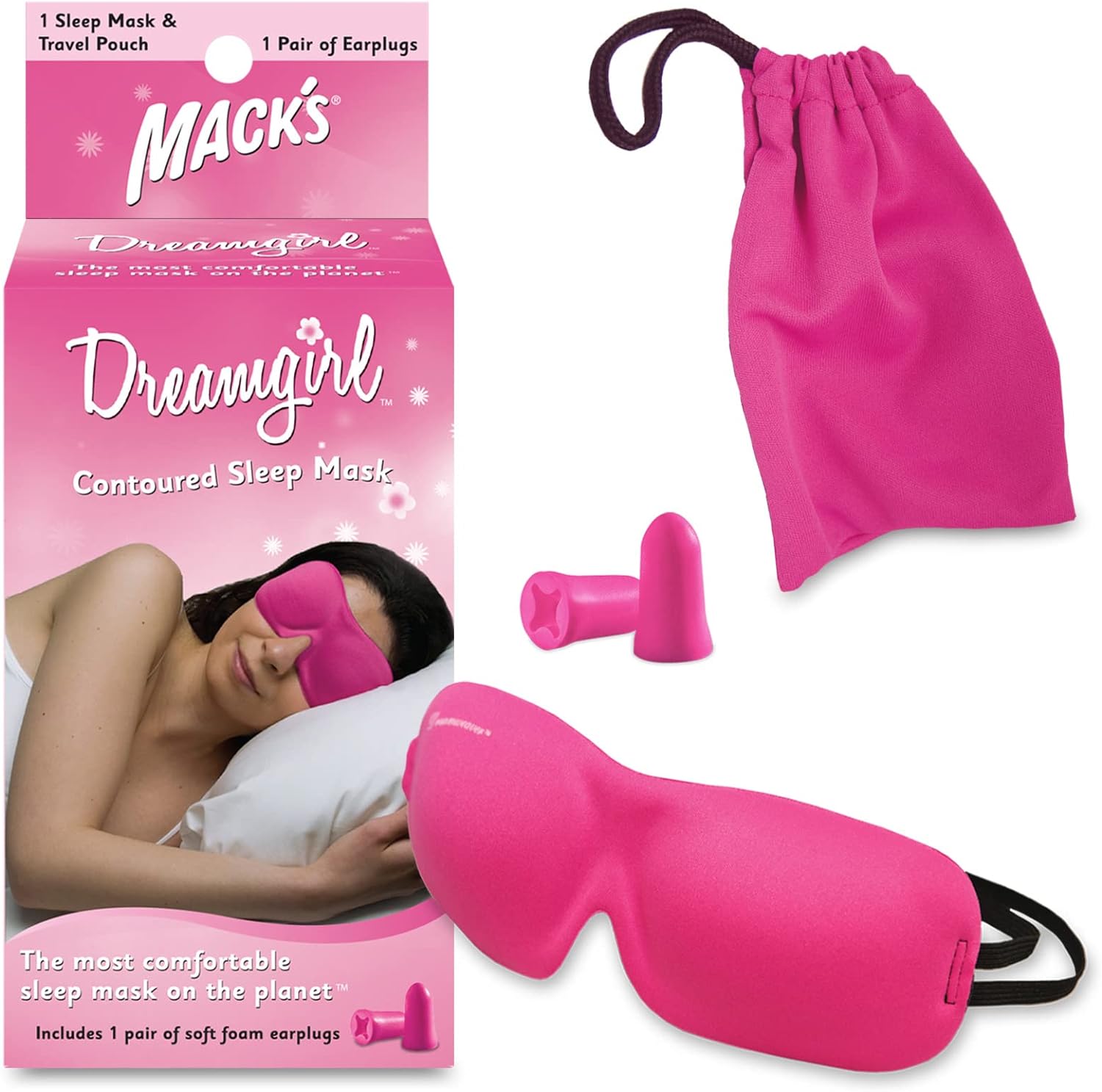 Mack?s Dreamgirl Contoured Sleep Mask ? Pink, Comfortable, Adjustable, 2 Strap Eye Mask with Mack?s Dreamgirl Soft Foam Earplugs