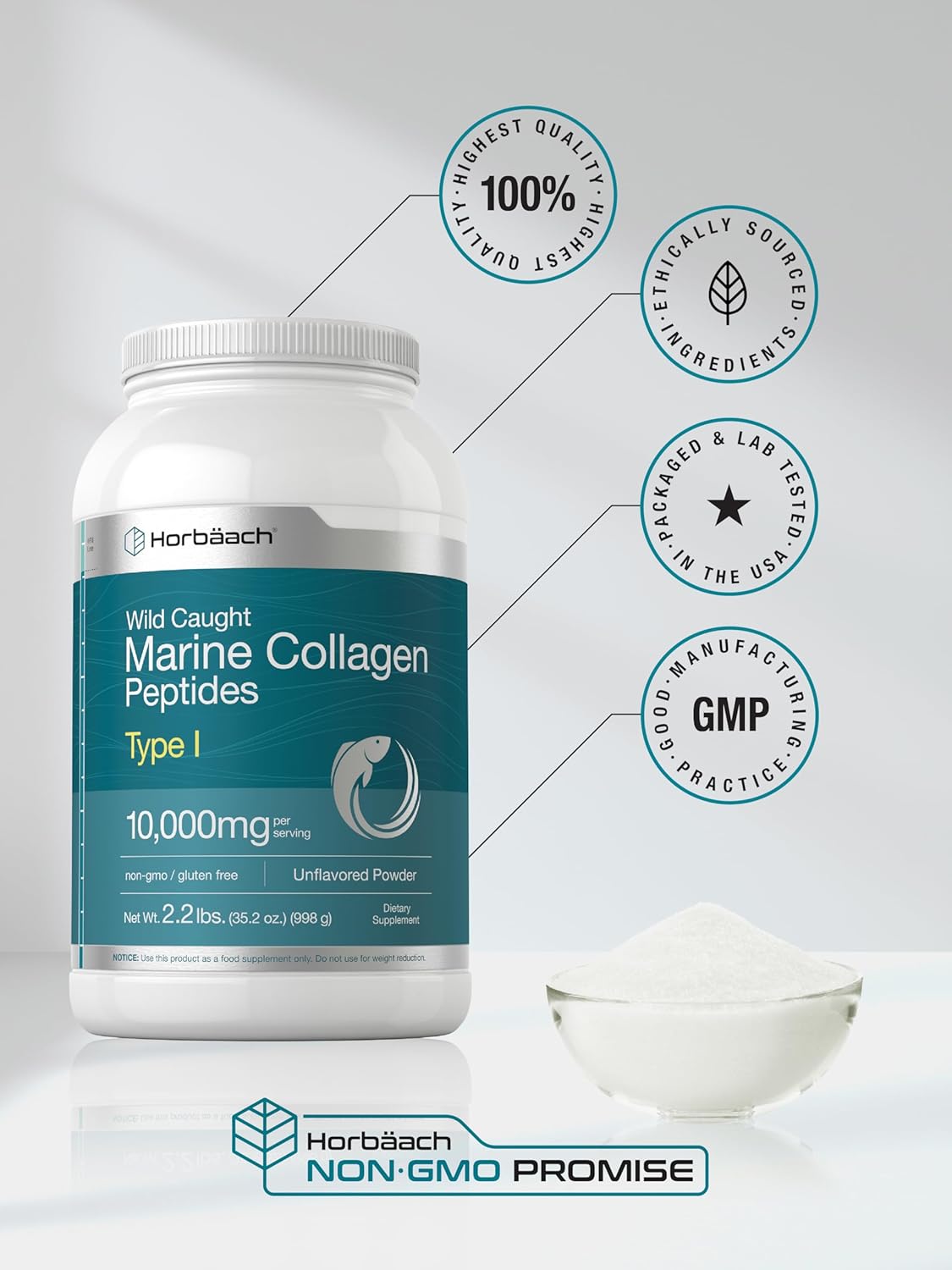 Horbäach Marine Collagen Powder 2.2 Lbs | Hydrolyzed Collagen Peptides | Unflavored | Keto, Paleo, Non-Gmo, Gluten Free Supplement : Health & Household