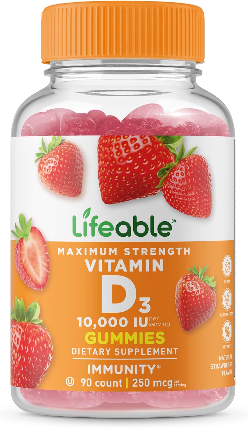 Lifeable Vitamin D3 10000 IU - Great Tasting Natural Flavor Gummy Supplement - Gluten Free Vegetarian GMO-Free Chewable - for Strong and Healthy Bones - for Adults, Men, Women - 90 Gummies