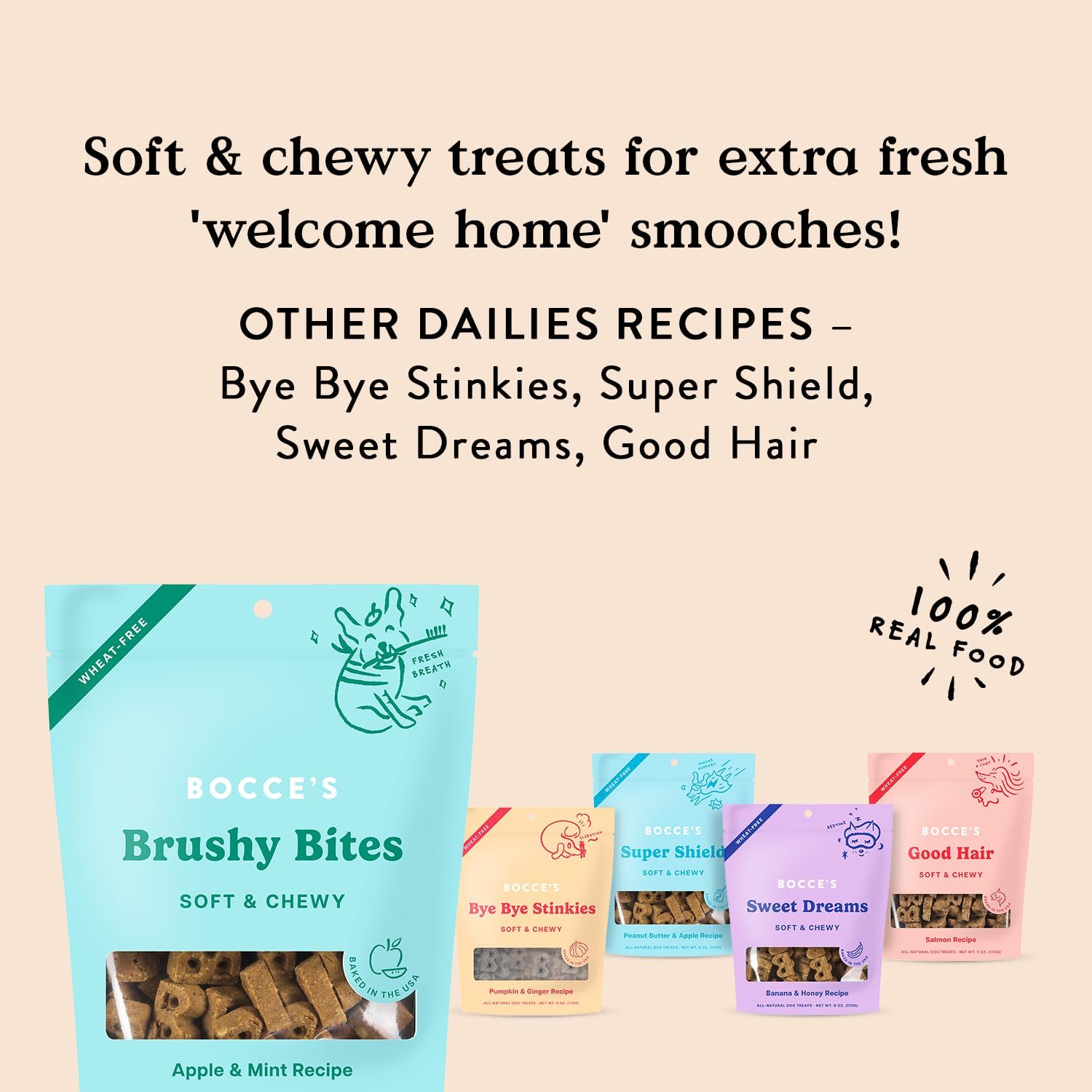Bocce's Bakery Dailies Brushy Bites Dog Treats for Wellness Support, Wheat-Free Dog Treats, Made with Real Ingredients, Baked in The USA, All-Natural Soft & Chewy, Apple & Mint Recipe, 6 oz : Pet Supplies