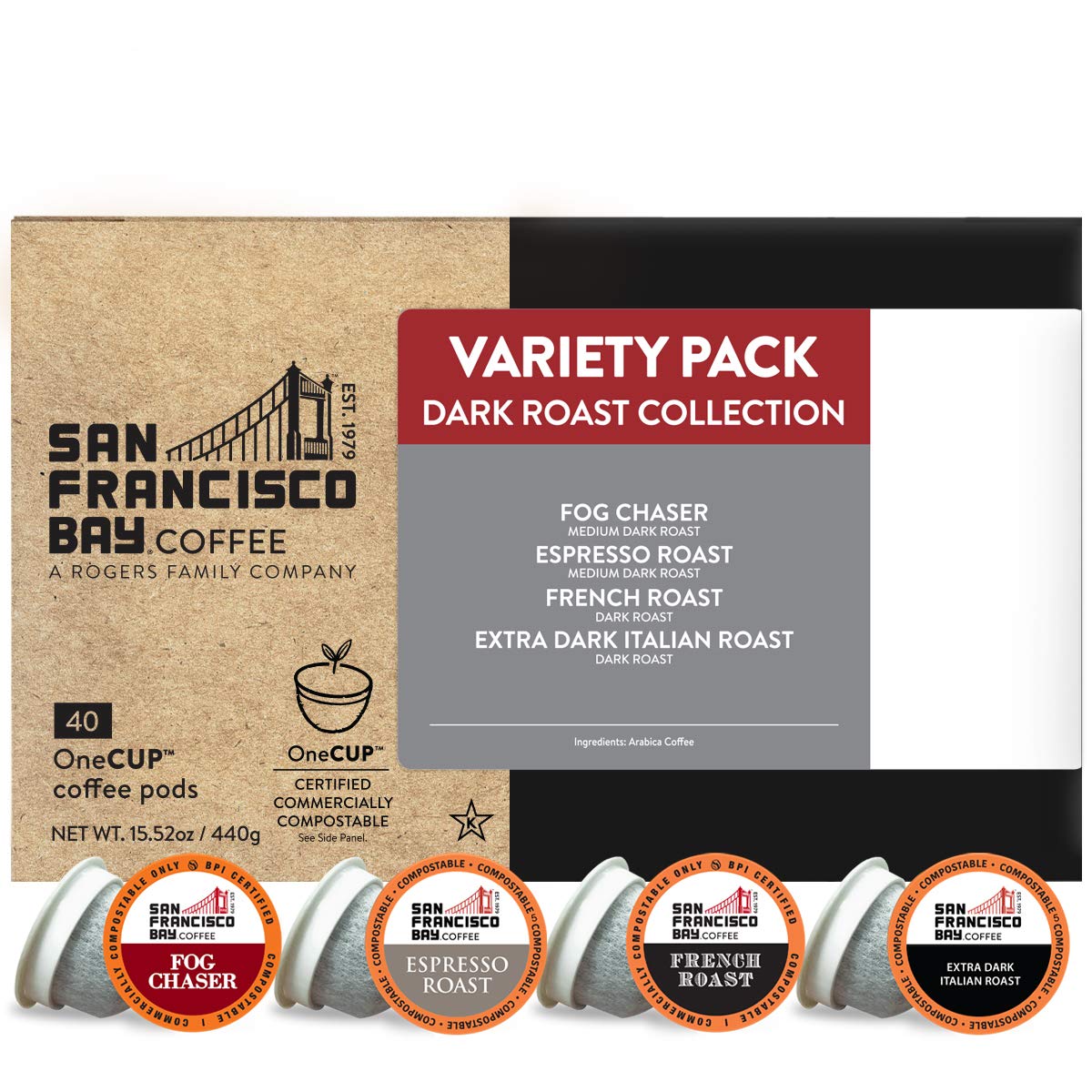 San Francisco Bay Compostable Coffee Pods - Variety Pack Dark Roast (40 Ct) K Cup Compatible including Keurig 2.0, French, Espresso, Fog, Extra Dark Italian