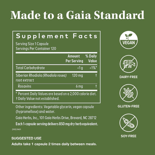 Gaia Herbs Rhodiola Rosea - Stress Support Supplement Traditionally for Supporting Healthy Stamina and Endurance - with Siberian Rhodiola Root Extract - 60 Vegan Liq Phyto-Capsules (30-Day Supply)