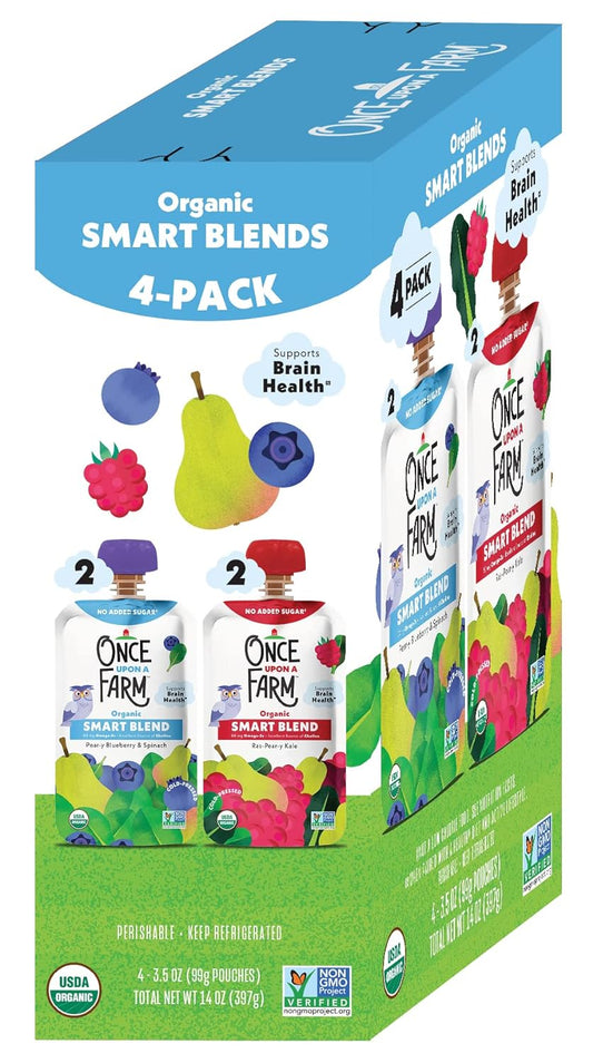 Once Upon a Farm Organic Smart Blend, Pear-y Blueberry and Spinach and Rasp-Pear-y Kale Variety 4PK, Kids Snack, 3.5oz Pouch