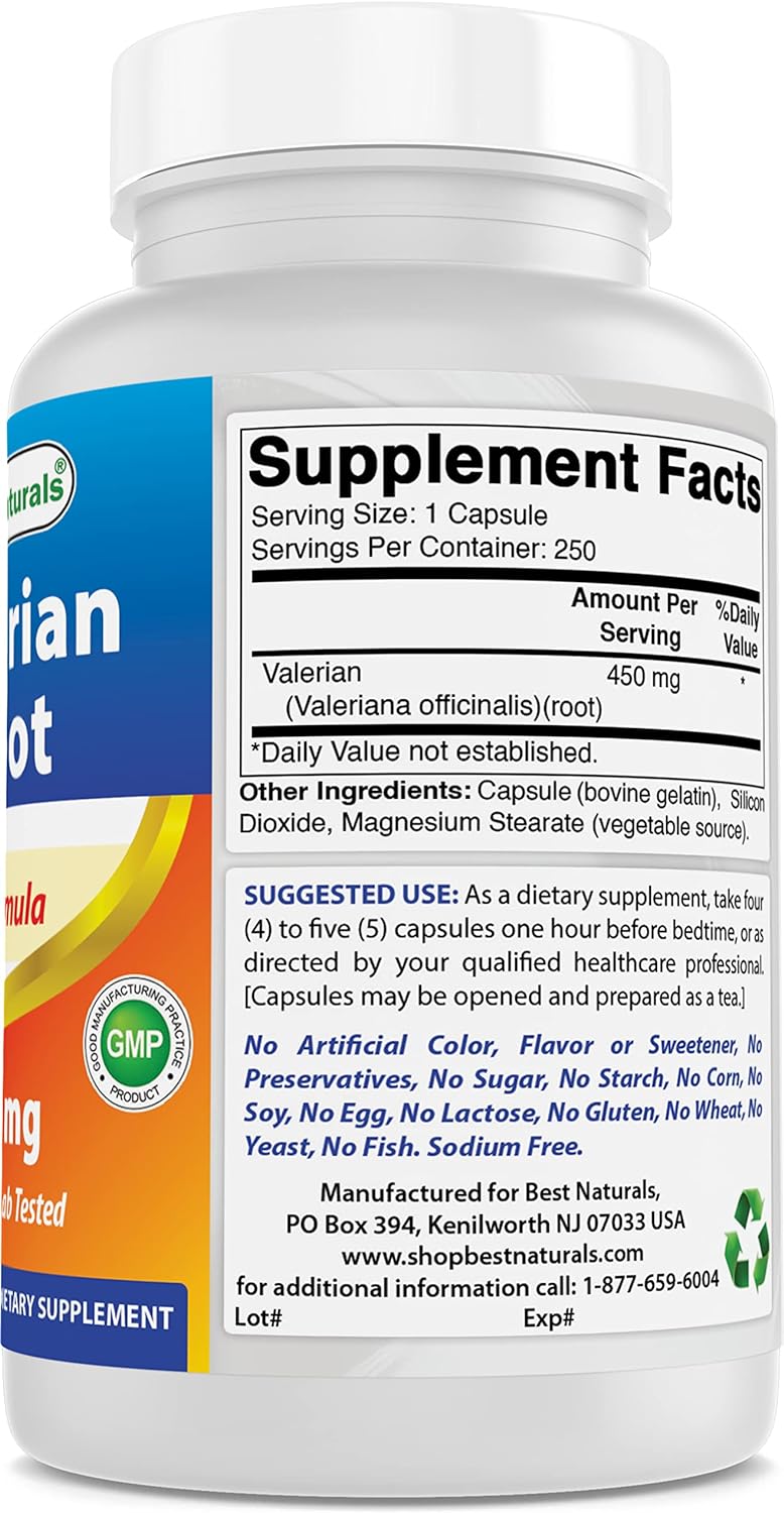 Best Naturals Valerian Root ,250 Capsules,450 mg : Health & Household