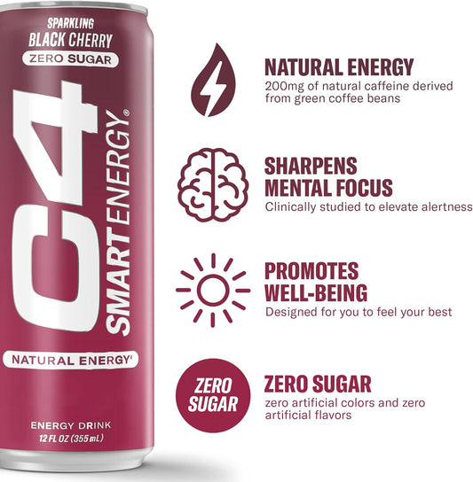 C4 Smart Energy Drink - Sugar Free Performance Fuel & Nootropic Brain Booster, Coffee Substitute Or Alternative | Black Cherry 12 Oz - 12 Pack