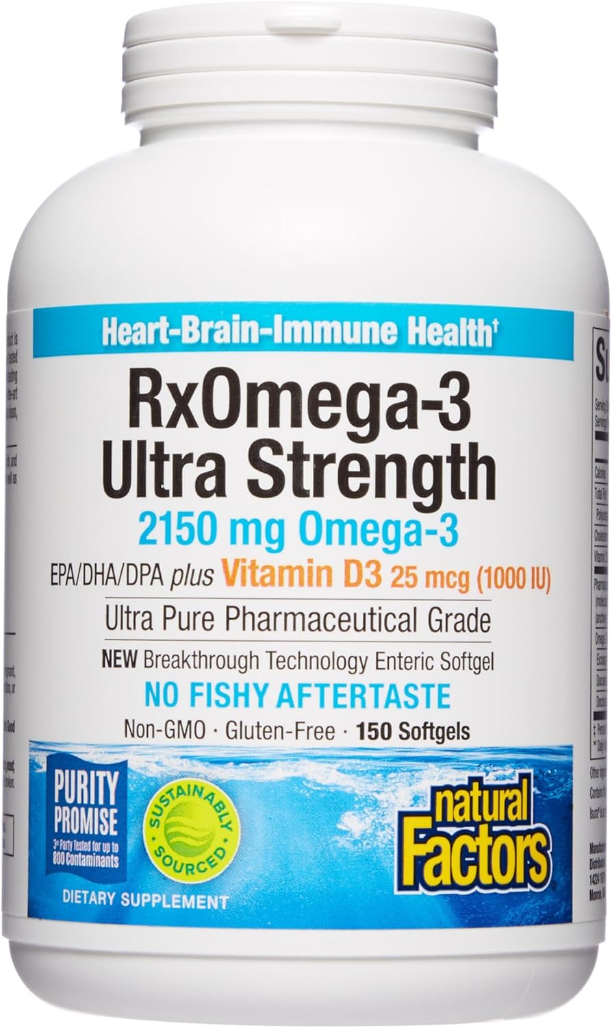 Natural Factors, Ultra Strength RxOmega-3 Fish Oil with Vitamin D3, High Potency Formula, 2,150 mg Omega-3 Per Serving, No Fishy Aftertaste, 150 Count (Pack of 1)
