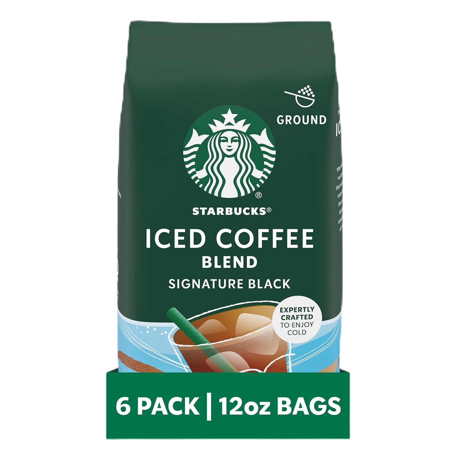 Starbucks Ground Coffee, Medium Roast Iced Coffee Blend, Signature Black, 100% Arabica, 6 Bags (12 Oz Each)
