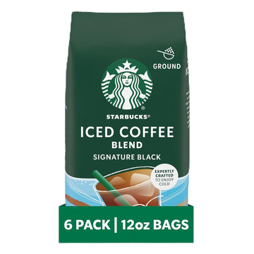 Starbucks Ground Coffee, Medium Roast Iced Coffee Blend, Signature Black, 100% Arabica, 6 Bags (12 Oz Each)
