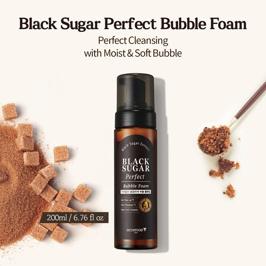 SKINFOOD Black Sugar Perfect Bubble Foam 200ml - Detoxifying Pore Exfoliator - Moisturizing Soft & Rich Bubble Facial Foam Cleanser - Exfoliating Skincare for Men & Women (6.7 fl. oz.)