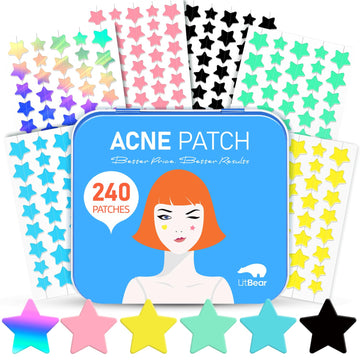 Litbear Acne Patch Pimple Patch, 6 Colors 336 Dots Star Pimple Patches With Tea Tree Oil & Centella Oil, Hydrocolloid Acne Pimple Patches For Face Cute Zit Patches Pimple Stickers Acne Dots