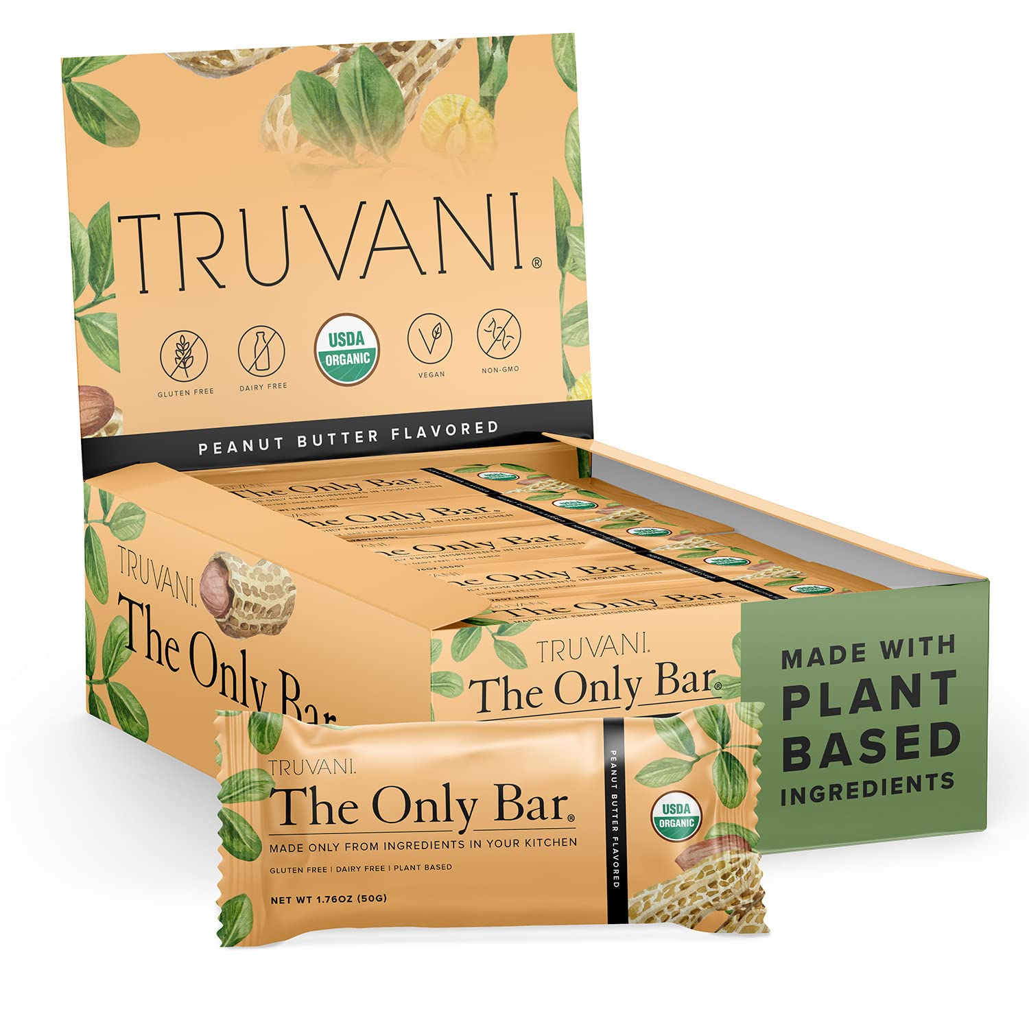 Truvani Plant Based Snack Bars | 8G Protein | 12 Pack Peanut Butter | Organic | Vegan | The Only Bar | Dairy, Soy, And Gluten Free | Individually Wrapped