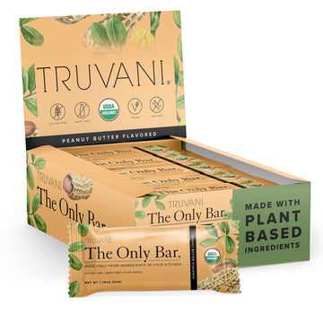 Truvani Plant Based Snack Bars | 8G Protein | 12 Pack Peanut Butter | Organic | Vegan | The Only Bar | Dairy, Soy, And Gluten Free | Individually Wrapped