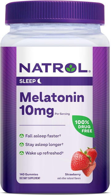 Natrol Melatonin Sleep Aid Gummy, Fall Asleep Faster, Stay Asleep Longer, 2 Gummies per Serving, 100% Drug and Gelatin Free, Non-GMO, 10mg, 140 Count