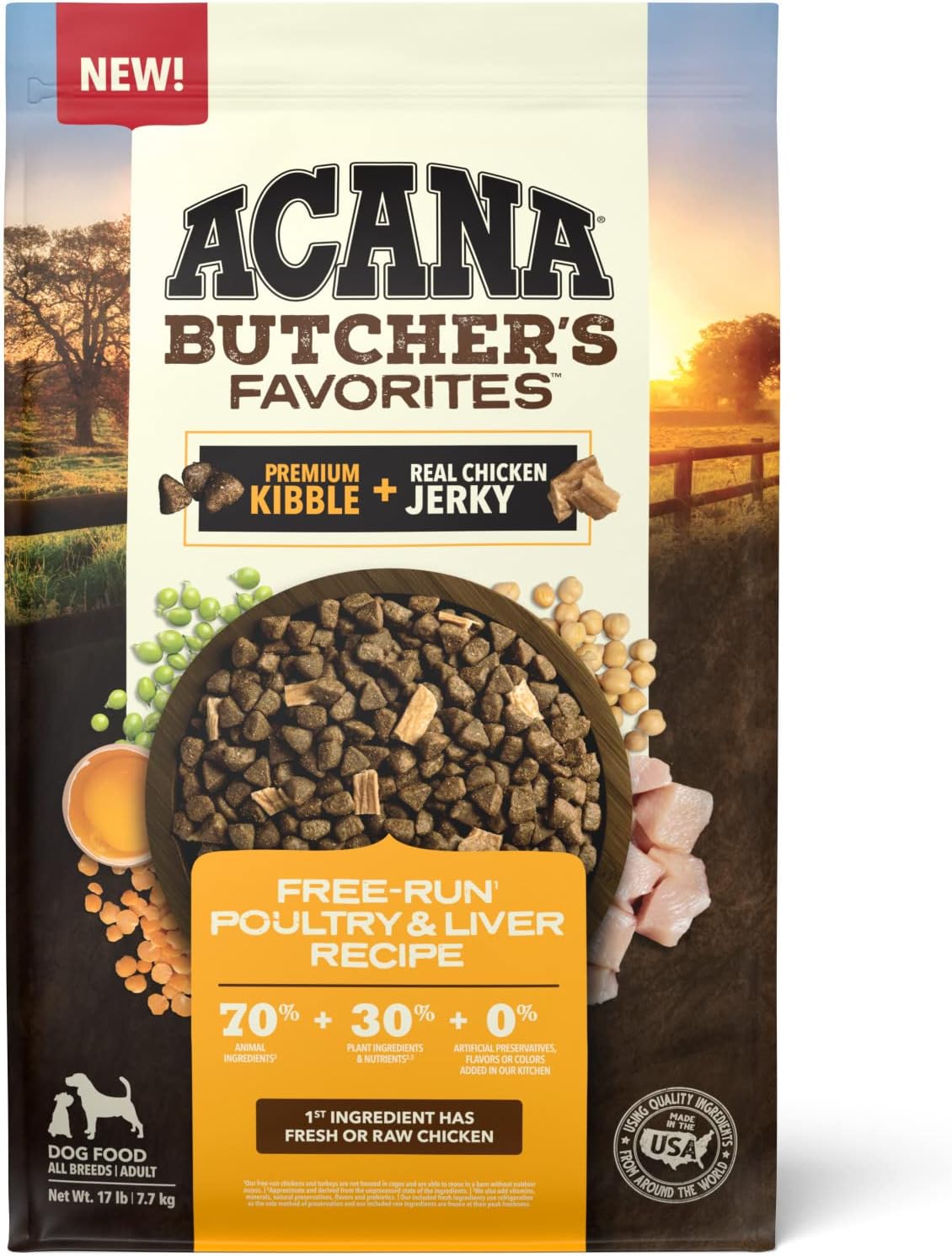 ACANA Butcher's Favorites Dry Dog Food, Free-Run Poultry* & Liver Recipe, Dog Food Kibble & real chicken jerky, 17lb