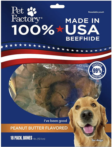 Pet Factory 100% Made In Usa Beefhide 4" Knotted Bones Dog Chew Treats - Peanut Butter Flavor, 18 Count/1 Pack