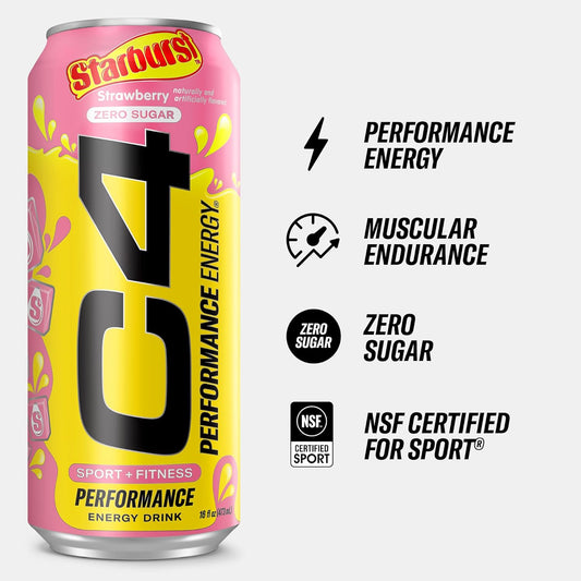 C4 Performance Energy Drink | Starbust™ Strawberry | Zero Sugar Carbonated Preworkout Energy | 200Mg Caffeine With Beta Alanine | 16 Fl Oz (12 Pack)