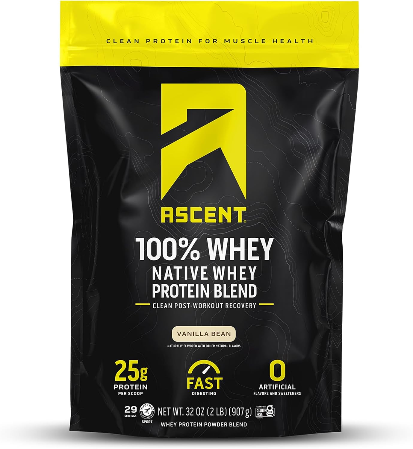 Ascent 100% Whey Protein Powder - Post Workout Whey Protein Isolate, Zero Artificial Flavors & Sweeteners, Soy & Gluten Free, 5.5g BCAA, 2.6g Leucine, Essential Amino Acids, Vanilla Bean 2 lb