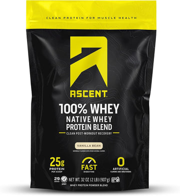 Ascent 100% Whey Protein Powder - Post Workout Whey Protein Isolate, Zero Artificial Flavors & Sweeteners, Soy & Gluten Free, 5.5g BCAA, 2.6g Leucine, Essential Amino Acids, Vanilla Bean 2 lb