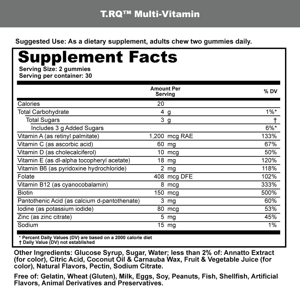 T.RQ Multi-Vitamin Gummy (Dietary Supplement), Natural Strawberry, Orange and Cherry, 60 Count : Health & Household