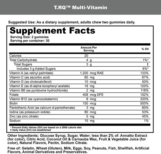 T.RQ Multi-Vitamin Gummy (Dietary Supplement), Natural Strawberry, Orange and Cherry, 60 Count : Health & Household