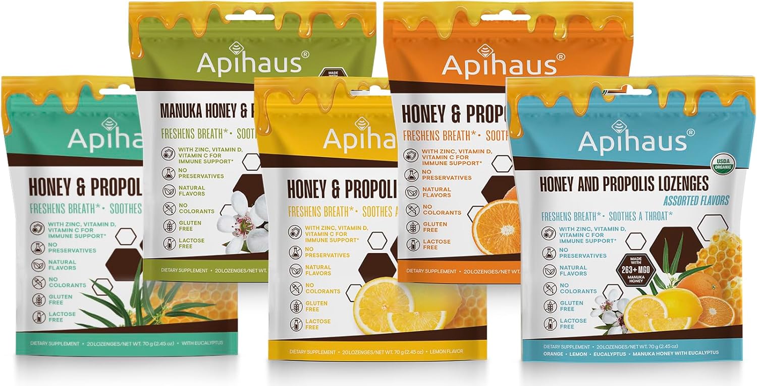 Apihaus Honey And Propolis Lozenges Lemon Flavor, Freshens Breath - Soothes A Throat- Immune Support With Vitamin C, Vitamin D And Zinc, 20 Count : Health & Household