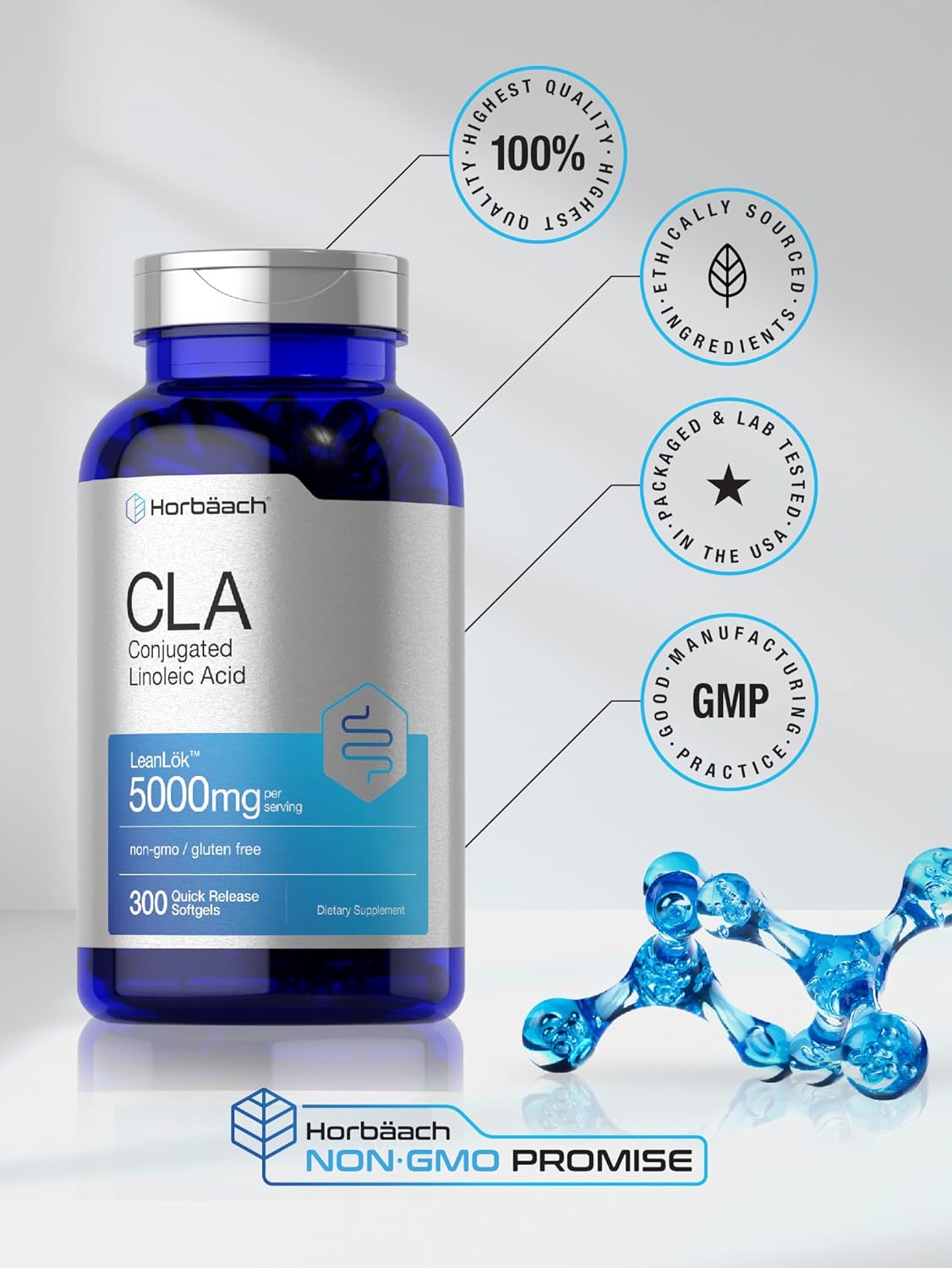 Horbäach CLA Supplement | 300 Softgel Pills | Maximum Potency | Conjugated Lineolic Acid from Safflower Oil | Non-GMO, Gluten Free : Health & Household