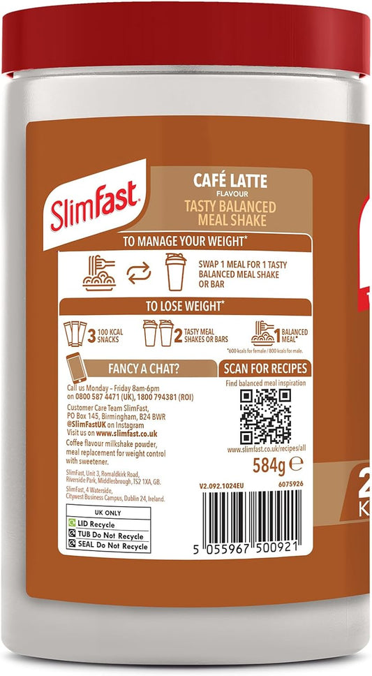 Slimfast Balanced Meal Shake, Healthy Shake For Diet Plan With Vitamins And Minerals, High In Fibre, Replacement, Café Latte Flavour, 16 Servings,584 G (Pack Of 2)