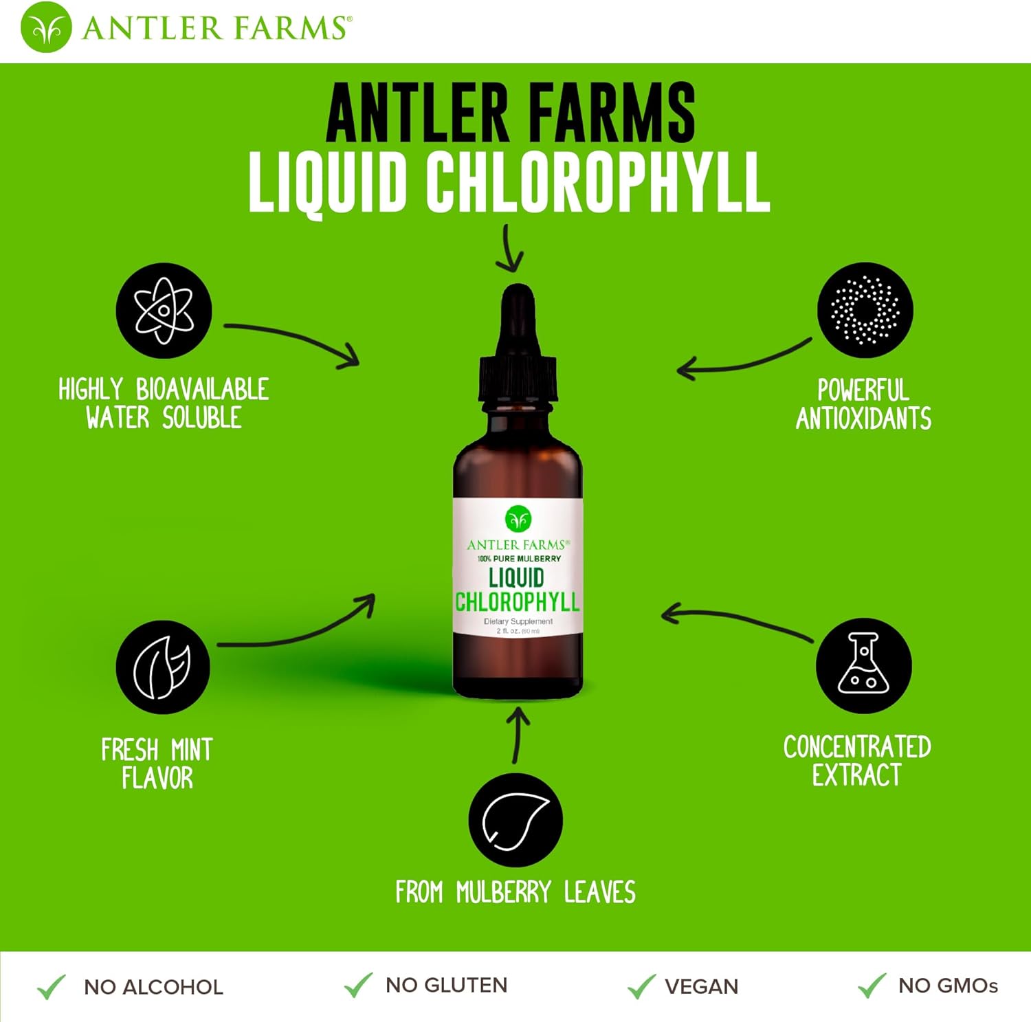 Antler Farms – 100% Natural 12,000 Mg Liquid Chlorophyll Drops, Concentrated Extract 2-8X Stronger, 60 Servings, 2 Oz - Immune Support, Energy Booster, Detox, Fresh Mint Flavor : Health & Household