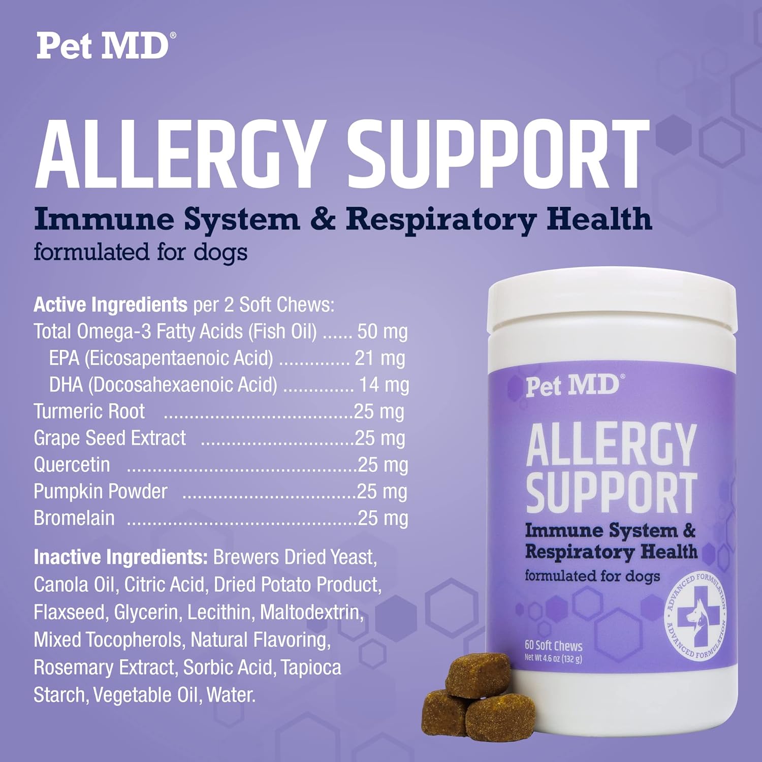 Pet MD Allergy Aid - Puppy & Dog Allergy Chews with Quercetin & Pumpkin - Immune & Seasonal Allergy Relief for Dogs - Skin & Itch Relief for Dogs - 60 ct : Pet Supplies