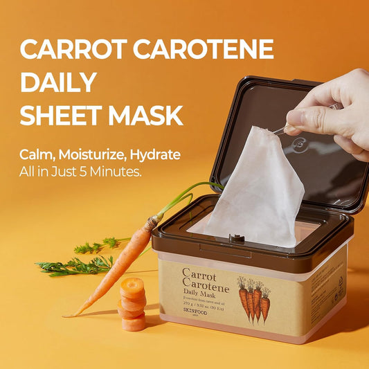 Skinfood Carrot Carotene Daily Sheet Mask, Korean Skincare Hack, 5-Minute Quick Hydrating, Soothing & Moisturizing Face Mask For Dry Skin, Redness Relief, Bulk Pack (30Ea)